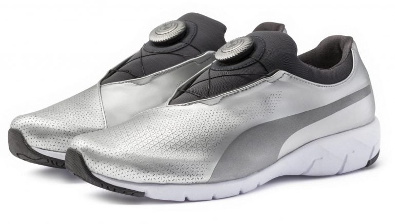 Puma has teamed up with the BMW Company, Design Works, to create the futuristic and metallic silver BMW X-CAT DISC sneaker.