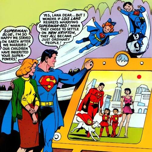Two sets of twins with Lana Lang (as Superman Blue) and Lois Lane (as Superman Red) in Superman #162 (July 1963)