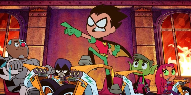 This image released by Warner Bros. Pictures shows characters, from left, Cyborg, voiced by Khary Payton, Raven, voiced by Tara Strong, Robin voiced by Scott Menville, Beast Boy, voiced by Greg Cipes, and Starfire, voiced by Hynden Walch, in a scene from "Teen Titans Go! to the Movies. (Warner Bros. Pictures via AP)