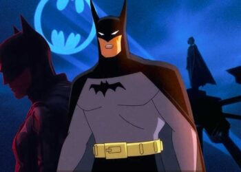 Composite image of Robert Pattinson's Batman, the animated Caped Crusader Batman, and a silhouetted mystery Batman on a rooftop, representing the multiple Batman projects in production for 2026