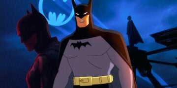 Composite image of Robert Pattinson's Batman, the animated Caped Crusader Batman, and a silhouetted mystery Batman on a rooftop, representing the multiple Batman projects in production for 2026