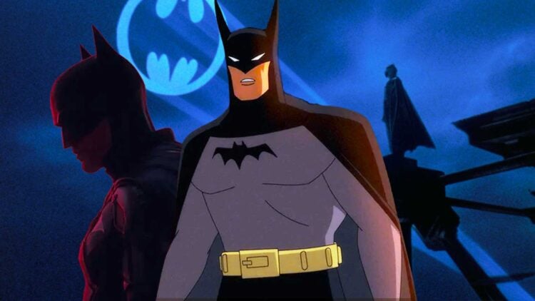 Composite image of Robert Pattinson's Batman, the animated Caped Crusader Batman, and a silhouetted mystery Batman on a rooftop, representing the multiple Batman projects in production for 2026
