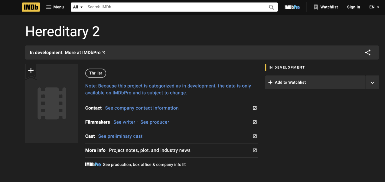 IMDB lists Hereditary 2 as "In Development".