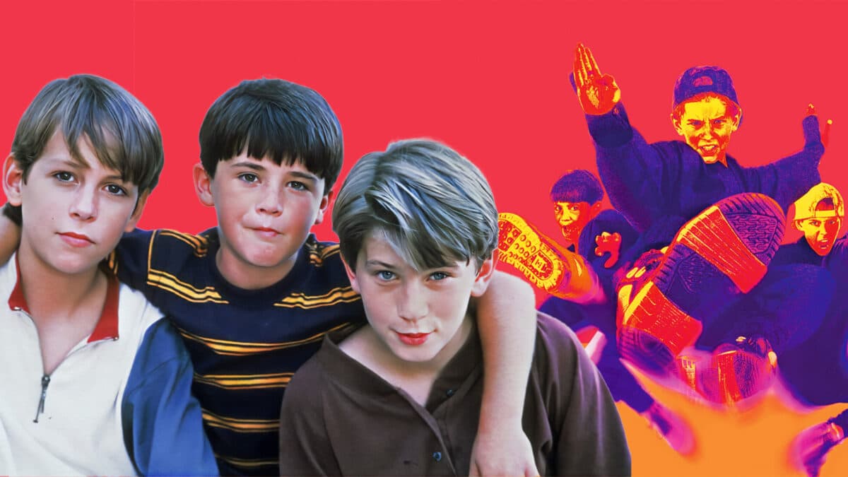 3 Ninjas cast photo with action composite background in red and orange tones