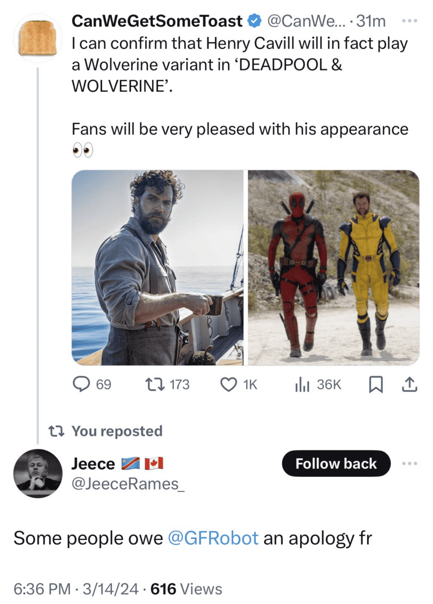 Scooper CanWeGetSomeToast confirms Henry Cavill as Wolverine in Deadpool 3