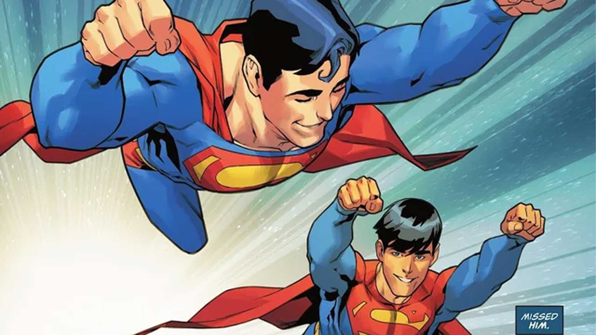 Superman and Son flying DC Comics