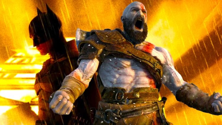 Kratos from God of War dominates the foreground while a faded Batman looms behind him, symbolizing video game movies overtaking comic book movies