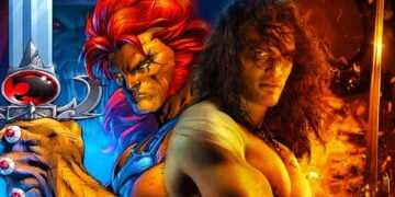 Comic art of ThunderCats' Lion-O next to Jason Momoa as Conan the Barbarian