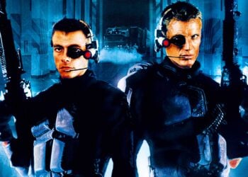 Jean-Claude Van Damme and Dolph Lundgren as reanimated soldiers in Universal Soldier, armed and facing forward against a blue sci-fi backdrop