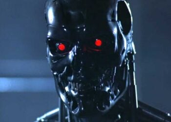 T-800 endoskeleton with glowing red eyes in The Terminator (1984)