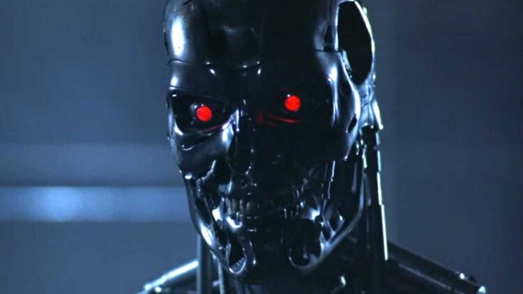 T-800 endoskeleton with glowing red eyes in The Terminator (1984)