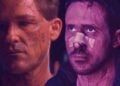 Kurt Russell as Todd in Soldier (1998) beside Ryan Gosling as K in Blade Runner 2049, both battered and bloodied under neon lighting