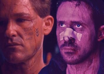 Kurt Russell as Todd in Soldier (1998) beside Ryan Gosling as K in Blade Runner 2049, both battered and bloodied under neon lighting