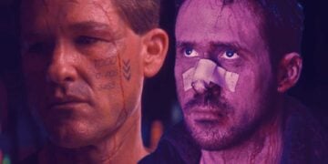 Kurt Russell as Todd in Soldier (1998) beside Ryan Gosling as K in Blade Runner 2049, both battered and bloodied under neon lighting