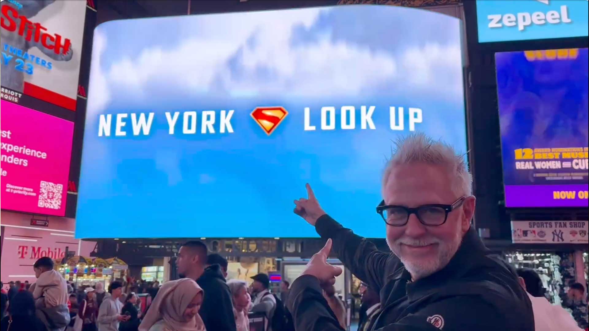 James Gunn Superman New York Look Up Times Square