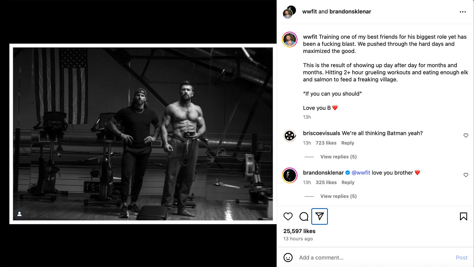 wwfit and brandon sklenar batman dcu Instagram