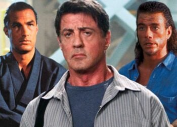 Sylvester Stallone, Steven Seagal, and Jean-Claude Van Damme in a composite image