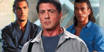 Sylvester Stallone, Steven Seagal, and Jean-Claude Van Damme in a composite image
