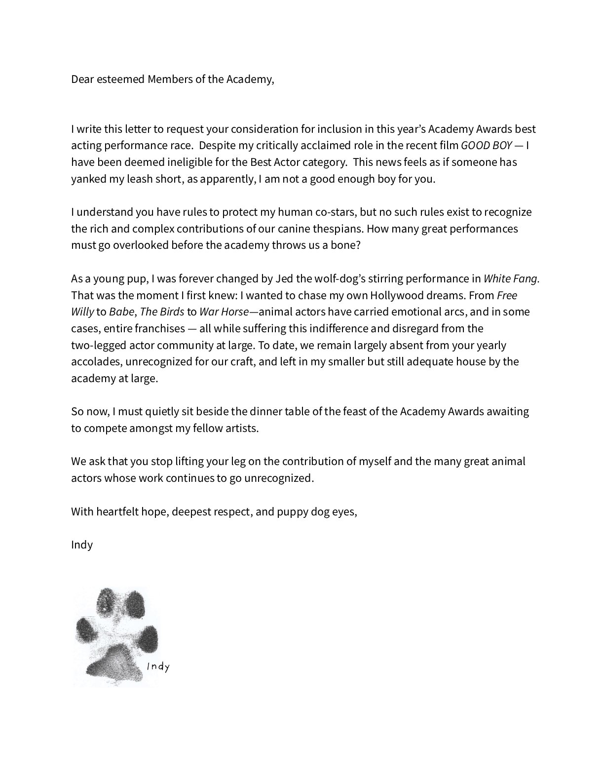 Good Boy Indy FYC Oscars Letter