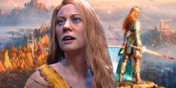 Faye stands in ornate armor overlooking the floating islands and ruins of the Everywhen in God of War: Laufey key art
