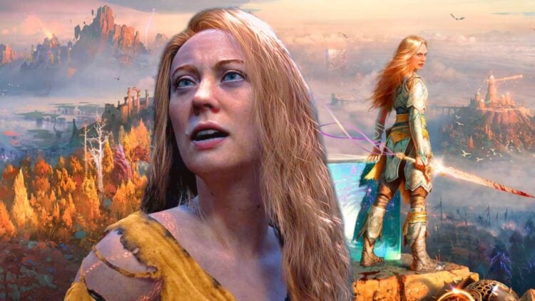 Faye stands in ornate armor overlooking the floating islands and ruins of the Everywhen in God of War: Laufey key art