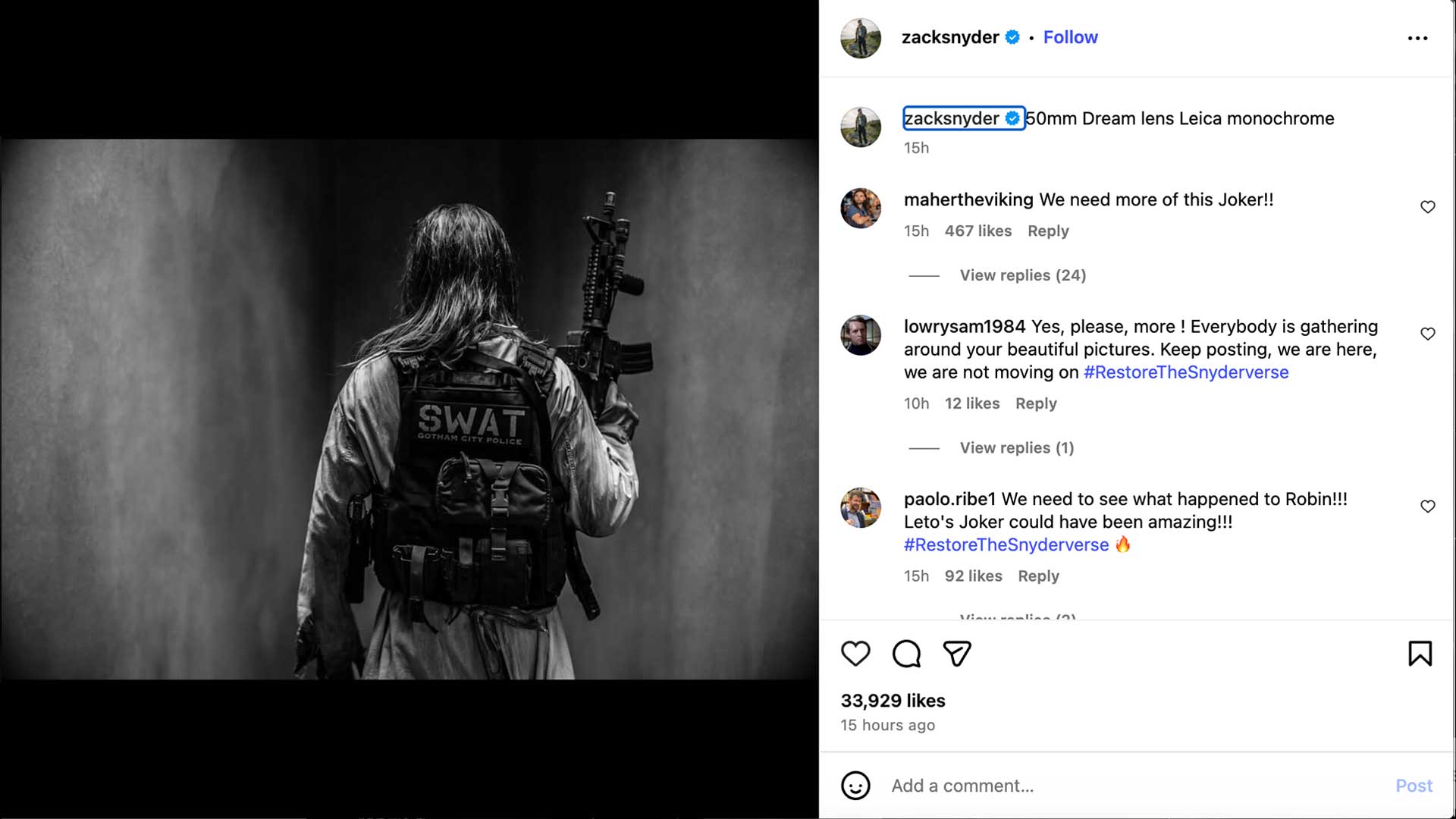 zack snyder instagram joker justice league jared leto