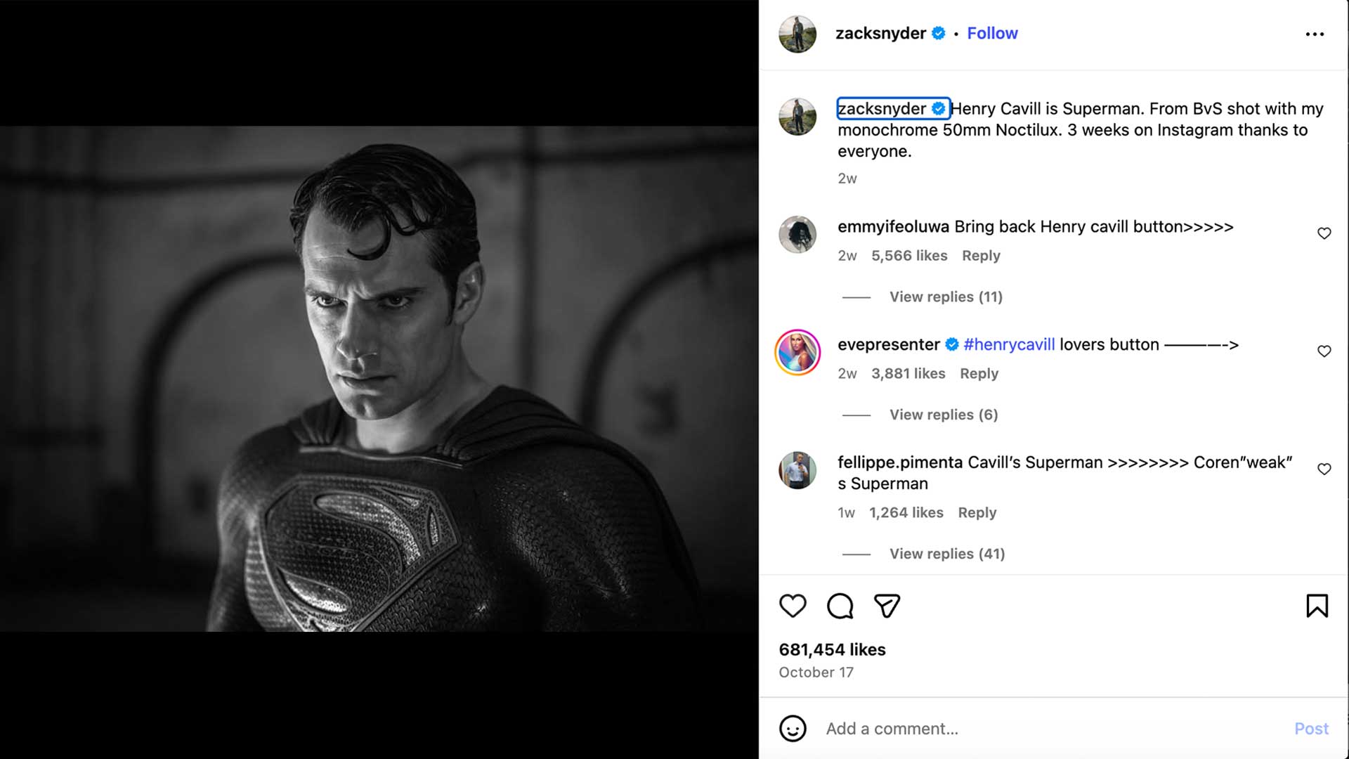 zack snyder instagram superman man of steel henry cavill