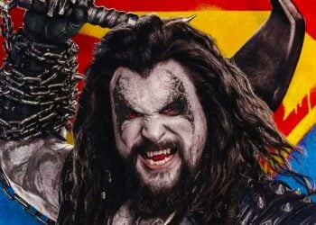 Jason Momoa as Lobo wielding a hook and chains against the Superman logo in Supergirl (2026)
