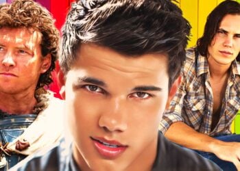 Taylor Kitsch, Sam Worthington, and Taylor Lautner in a collage against a rainbow-striped background