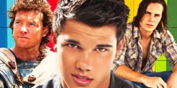 Taylor Kitsch, Sam Worthington, and Taylor Lautner in a collage against a rainbow-striped background