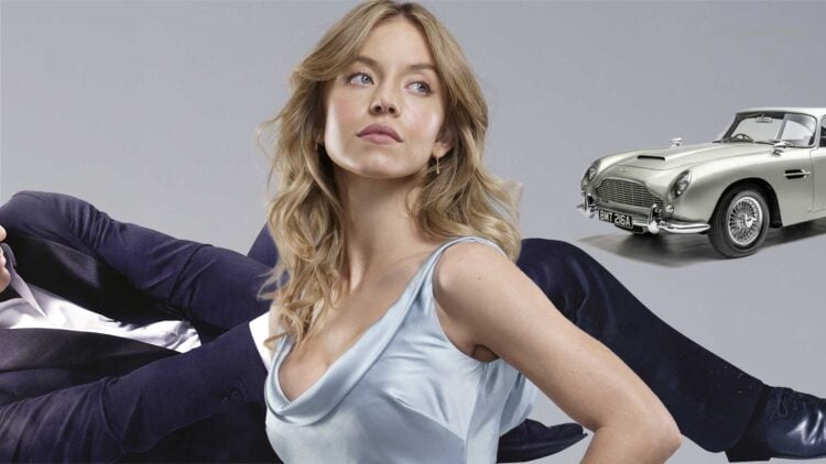 Sydney Sweeney fan-cast as the next Bond Girl in a composite image with a classic Aston Martin DB5