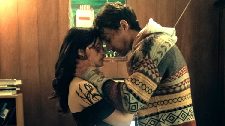 Inde Navarrette as Nikki and Michael Johnston as Bear in the ending of Obsession (2026)