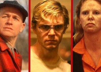 Charlie Hunnam as Ed Gein, Evan Peters as Jeffrey Dahmer, and Charlize Theron as Aileen Wuornos in a composite hero image