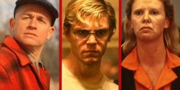 Charlie Hunnam as Ed Gein, Evan Peters as Jeffrey Dahmer, and Charlize Theron as Aileen Wuornos in a composite hero image