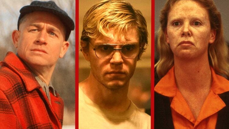Charlie Hunnam as Ed Gein, Evan Peters as Jeffrey Dahmer, and Charlize Theron as Aileen Wuornos in a composite hero image