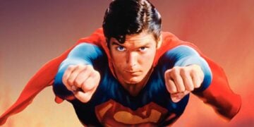 Christopher Reeve as Superman flying fists-first in Superman II (1981)