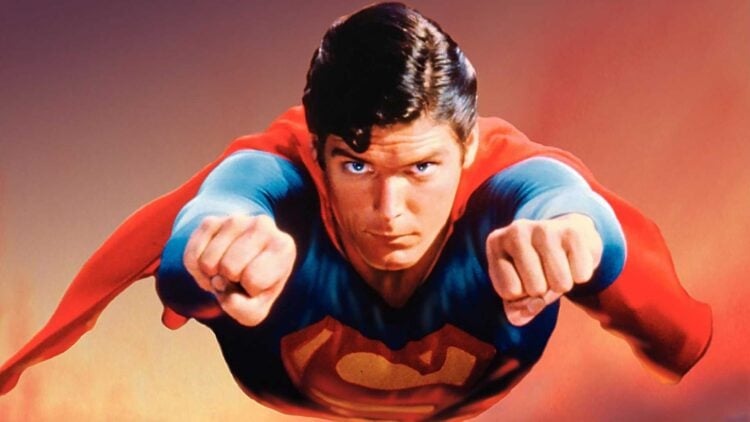 Christopher Reeve as Superman flying fists-first in Superman II (1981)