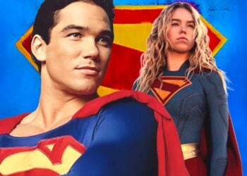 Dean Cain as Superman in Lois & Clark next to Milly Alcock as Supergirl