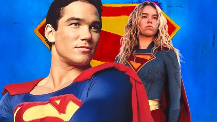 Dean Cain as Superman in Lois & Clark next to Milly Alcock as Supergirl