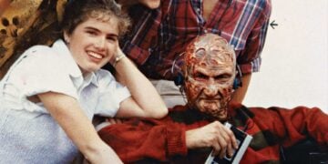 Freddy Krueger wearing the original red sweater with solid red sleeves on the set of A Nightmare on Elm Street 1984