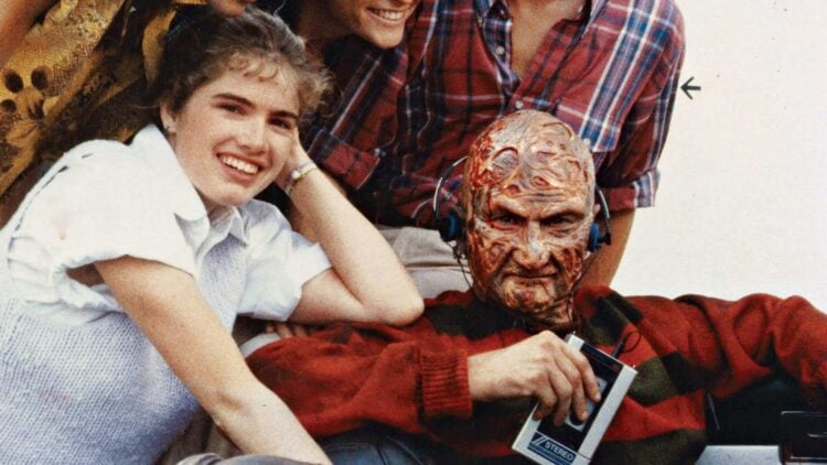 Freddy Krueger wearing the original red sweater with solid red sleeves on the set of A Nightmare on Elm Street 1984
