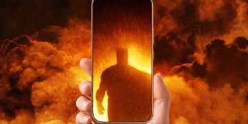 Honor 600 smartphone held up displaying a cinematic silhouette in dramatic firelight