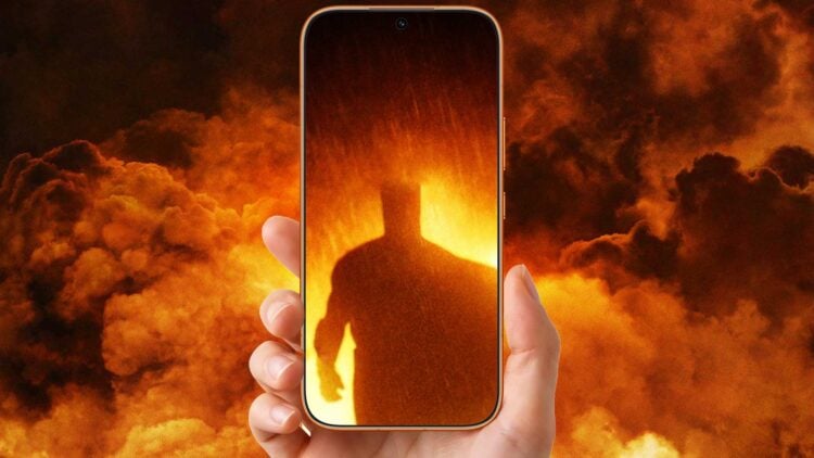 Honor 600 smartphone held up displaying a cinematic silhouette in dramatic firelight