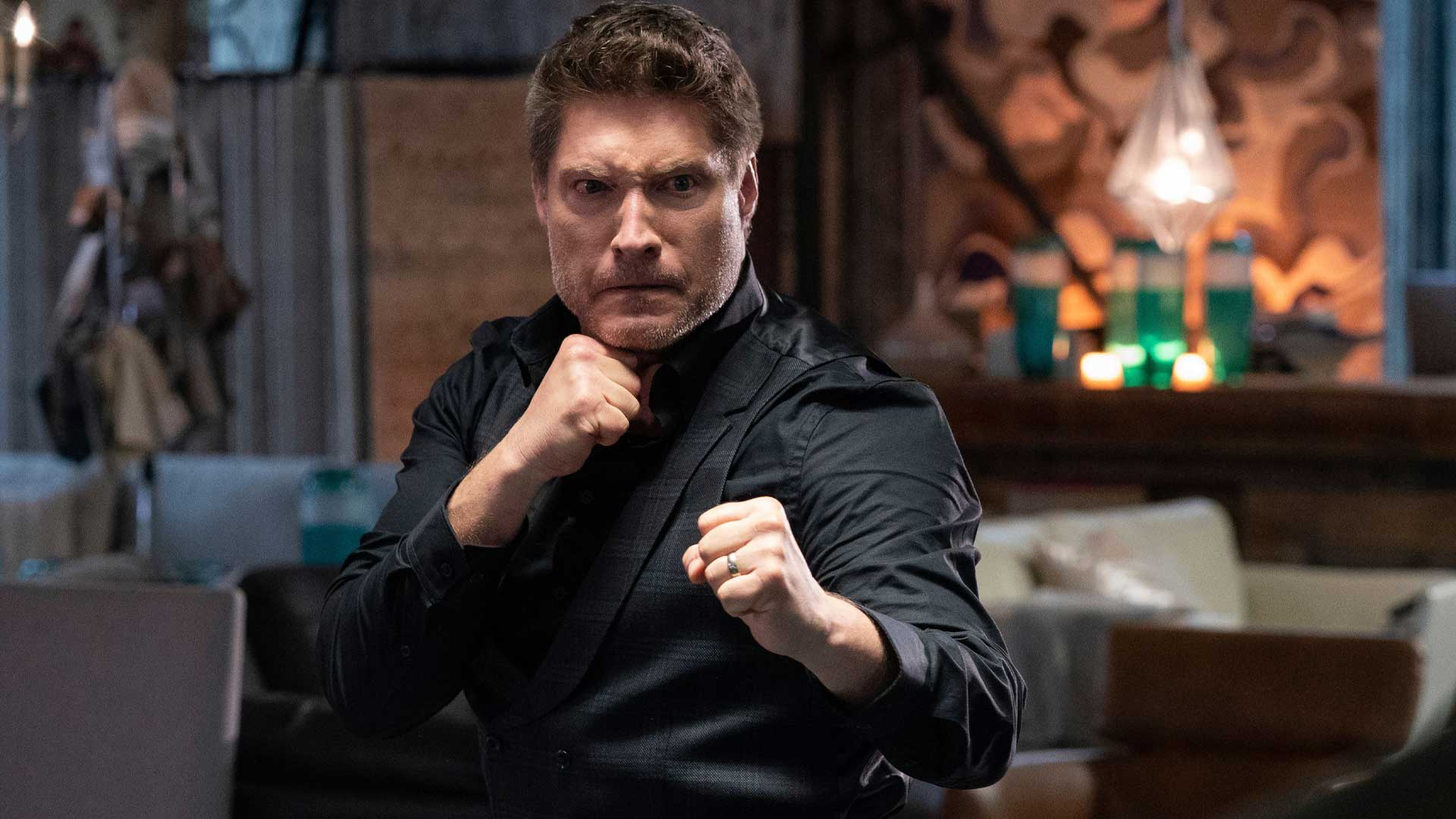 Sean Kanan as Mike Barnes in a fighting stance in Cobra Kai