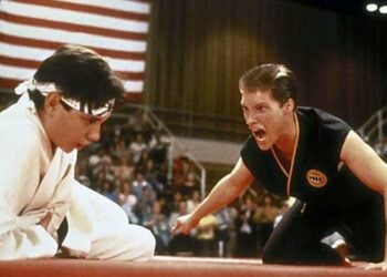 Sean Kanan as Mike Barnes facing Ralph Macchio in the final tournament scene in The Karate Kid Part III