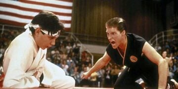 Sean Kanan as Mike Barnes facing Ralph Macchio in the final tournament scene in The Karate Kid Part III