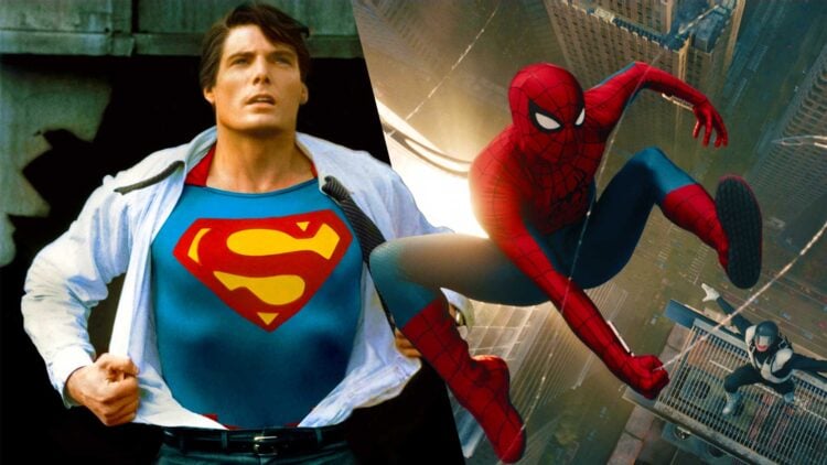 Christopher Reeve as Superman and Spider-Man in a split image comparing Superman III and Spider-Man: Brand New Day