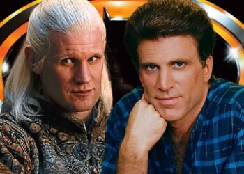 Matt Smith as Daemon Targaryen and a young Ted Danson composite image against a Batman logo backdrop