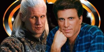 Matt Smith as Daemon Targaryen and a young Ted Danson composite image against a Batman logo backdrop