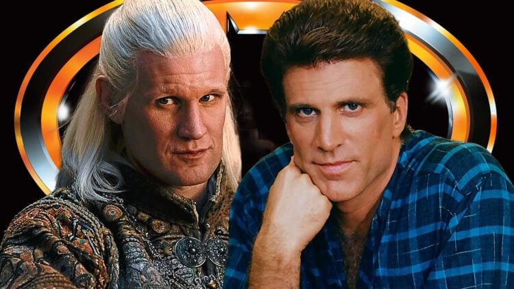 Matt Smith as Daemon Targaryen and a young Ted Danson composite image against a Batman logo backdrop
